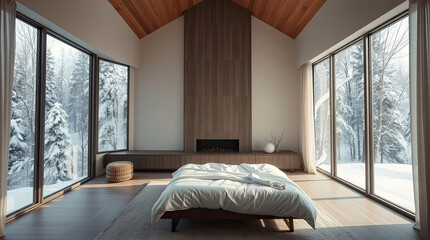 Large window overlooking snowy trees in a modern room. Tranquil and cozy atmosphere.
