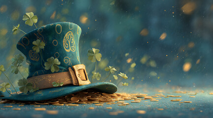 St. Patrick's Day banner with leprechaun hat, clover leaves and gold coins on green background with copy space. Generative AI