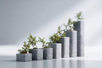 Creative corporate growth visualization focusing on transit and nature using stacked stone blocks and greenery in a contemporary setting