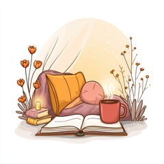 Hygge winter set featuring mittens, knitted socks, and open books. The composition conveys intimate and peaceful vibes.