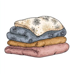 Cozy winter hygge vector illustration of a pillows and blankets, elements for an introvert, hand-drawn doodle style.