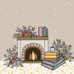 Cozy hygge vector illustration with a fireplace and books on a soft carpet. Warm tones and doodle minimalism create a calm introverted mood.