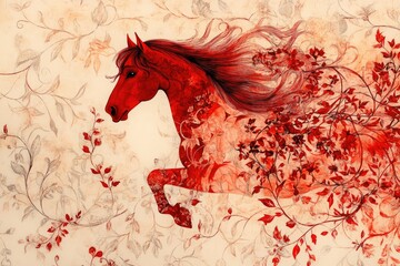 Red horse focal point in intricate toile-style design. Ideal for stationery, wall art, and home decor projects.