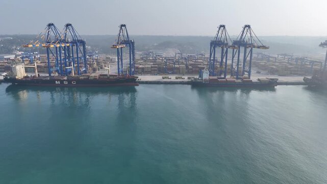 Aerial View Of Container Port With Cargo Cranes And Ships In India
