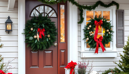 Fototapeta premium Front door and window of family home decorated for Christmas, holiday season. Winter greenery, ribbons,bulbs and flowers, one line art. White tone