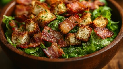Fresh Caesar salad with crisp croutons and bacon in a wooden bowl, a delicious meal