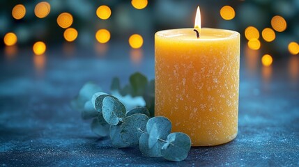 A lit, golden candle and eucalyptus sprig on a textured blue surface, bokeh background