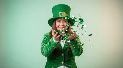 Woman with down syndrome wearing leprechaun costume with hat and jacket for St. Patrick's Day throwing green confetti and smiling on soft green studio background