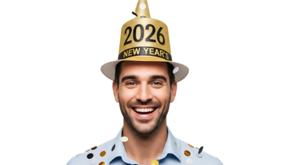 A smiling man wearing a 2026 New Year's hat on transparent background