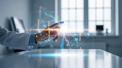 Doctors Hand Interacting with Futuristic Medical Technology Interface.