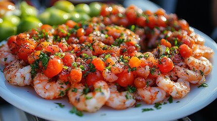 Appetizing closeup of shrimp, cherry tomatoes, and herbs on a white plate. Green limes blurred in back