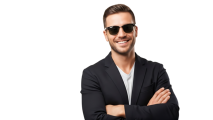 A confident businessman wearing sunglasses and a suit on transparent background