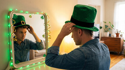 Man adjusting a green leprechaun hat in front of a mirror decorated with shamrocks and green lights, getting dressed for St. Patrick's day celebrations