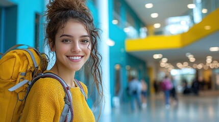Young woman smiling, wearing backpack, in a bright building. Soft focus background