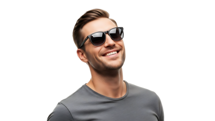 A smiling young man wearing sunglasses on transparent background