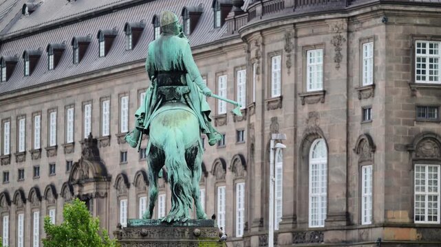 Bronze statue of bishop Absalon on horseback fronting the Danish Parliament. Christiansborg Palace, Copenhagen