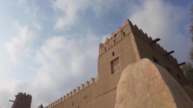 time lapse Of The  Historic Al Jahlil Fort in Al Ain, showcasing mudbrick architecture, cultural heritage, and galleries highlighting the region&rsquo;s history. 