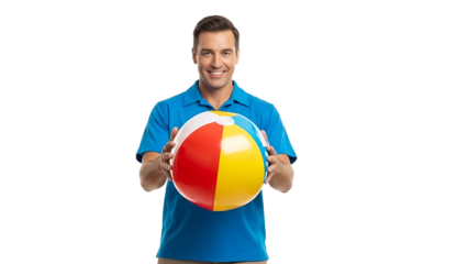 A smiling man in a blue shirt holding a colorful beach ball on transparent background