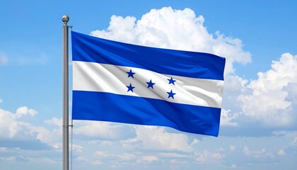 Honduran flag with five stars flying over mountains.