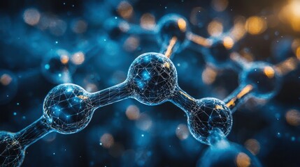 Intricate 3D rendering of a molecular structure, glowing with blue and golden light, blurred