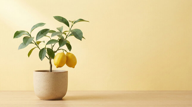 Minimal lemon tree with copy space on yellow gradient background