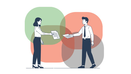 Business Collaboration Concept with Two People Exchanging Documents in a Modern Digital Environment