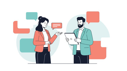 Business professionals engaged in a discussion with digital devices and speech bubbles