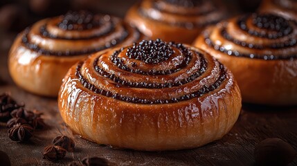 Deliciously glazed baked rolls, topped with seeds, sit on rustic wooden surface