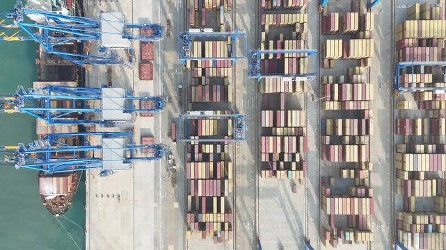 Aerial View Of Container Port With Cargo Cranes And Ships In India