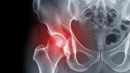 X-ray of human hip joint with highlighted pain area.