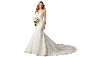 Elegant bride wearing luxurious bridal gown and holds bouquet isolated on white or transparent background, png clipart, design element