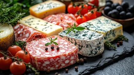 Close-up shot of a charcuterie board with assorted cheeses, meats, olives and tomatoes