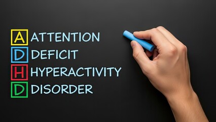 Hand writing ADHD acronym on blackboard with colorful chalk.