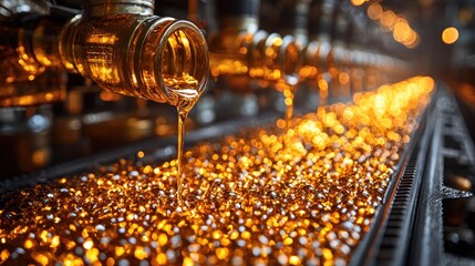 Close-up of a production line with golden liquid being poured onto materials