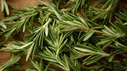 Close-up of fresh rosemary sprigs, displaying textured leaves and botanical detail