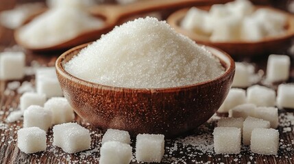 Close-up of granulated crystals in a bowl, cubes, and wooden spoon on a wooden surface