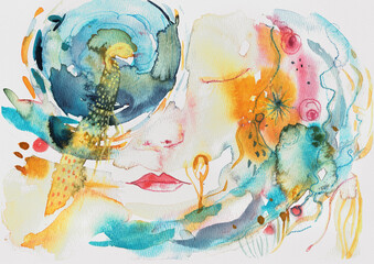 Abstract Figurative Watercolor Portrait with Organic Shapes and Expressive Color