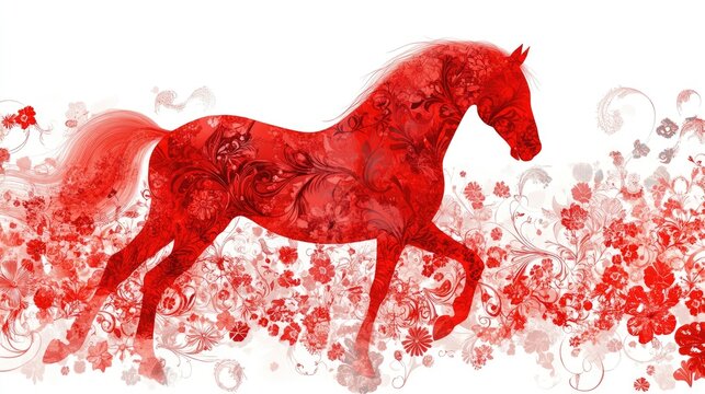 Central equine figure in vivid red against classic toile patterns. Power, motion, and timeless style.