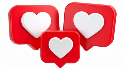 Three red social media notification icons with white hearts, symbolizing likes and engagement.