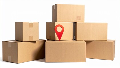 Stack of cardboard boxes with red location pin, symbolizing shipping, logistics, and package tracking.