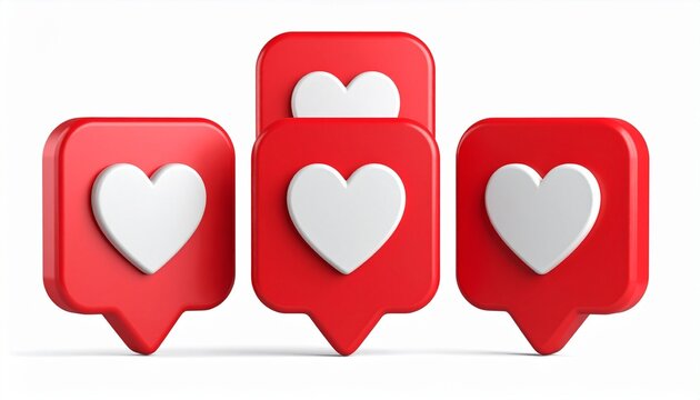 Three red social media notification icons with white hearts, symbolizing likes and engagement. - Powered by Adobe