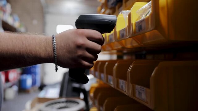 Hand holding a handheld barcode scanner, performing inventory management by scanning yellow storage bins in an industrial warehouse. Auto parts depot