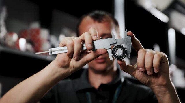 Engineer or technician inspecting a component with a vernier caliper, checking dimensions and precision for mechanical parts. Man measuring ball bearing with caliper