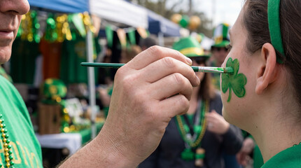 Man applying green shamrock face paint to a woman's cheek at a festive St. Patrick's day event