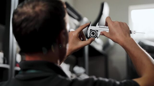 Engineer checking ball bearing dimensions with a caliper, ensuring quality control and precision manufacturing in workshop setting. Technician performing precise measurement on a small mechanical part