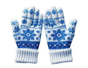 Pair of intricately knitted gloves with blue snowflakes and white cuffs, isolated on transparent background