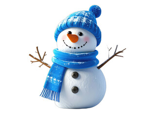 Adorable 3D snowman with carrot nose, button eyes, arms, and a cozy blue hat and scarf