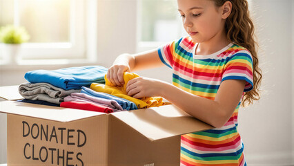 Child with clothes organizing donated items