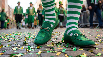 Person's feet wearing green shoes with shamrocks and striped socks walking on a street covered in confetti with blurred people in the background wearing leprechaun costumes at st. Patrick's day parade