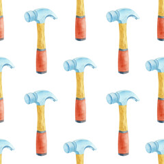 Seamless watercolor pattern of hand painted woodworking tools, hammer. Repeating carpentry background for packaging, textiles, wallpaper, stationery and creative design.
